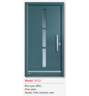 UNILUX Model 2112 Blue Gray Door, Clear Glass, Stainless Handle, Security Lock, HighLine Modern Custom Timber Door